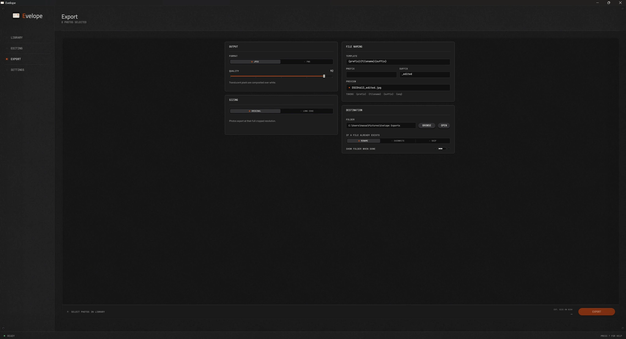 Evelope export view